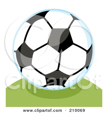 Royalty-Free (RF) Clipart Illustration of a Soccer Ball With A Blue Outline On A Grassy Hill by Hit Toon