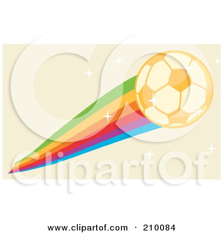 Royalty-Free (RF) Clipart Illustration of a Golden Soccer Ball With A Rainbow On A Sparkly Beige Background by Hit Toon
