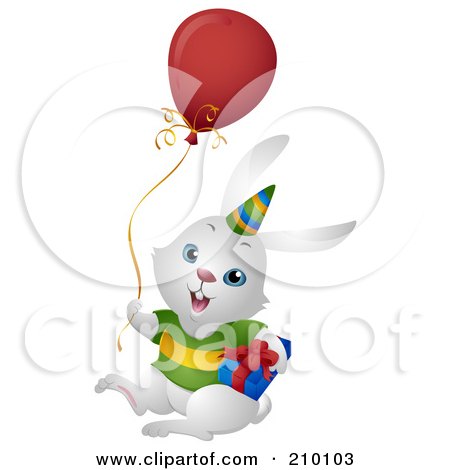 Royalty-Free (RF) Clipart Illustration of a Cute White Birthday Bunny Rabbit With A Balloon And Gift by BNP Design Studio