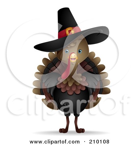 Royalty-Free (RF) Clipart Illustration of a Cute Thanksgiving Turkey Bird Wearing A Pilgrim Hat by BNP Design Studio