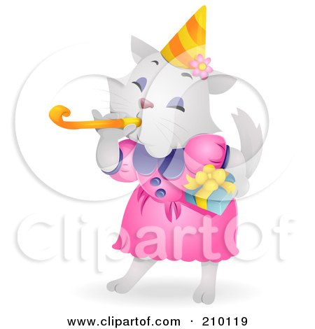 Royalty-Free (RF) Clipart Illustration of a Cute White Birthday Cat Blowing A Noise Maker by BNP Design Studio