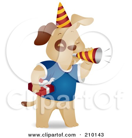 Royalty-Free (RF) Clipart Illustration of a Cute Birthday Dog Blowing A Horn by BNP Design Studio