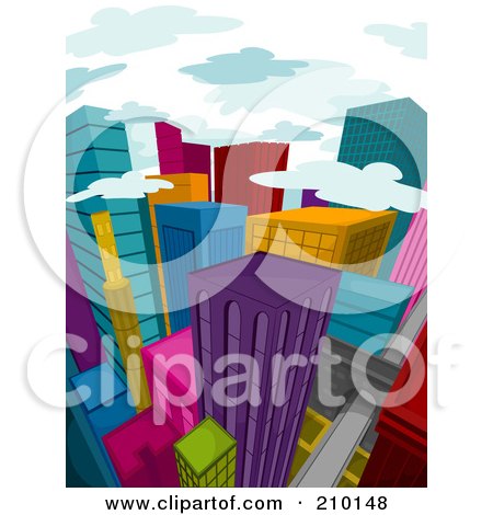 Royalty-Free (RF) Clipart Illustration of Clouds Above A Colorful City During The Day by BNP Design Studio