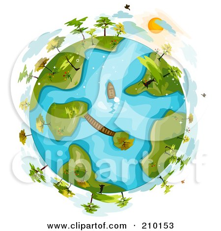 Royalty-Free (RF) Clipart Illustration of Clouds Hovering Around A Globe With Trees On Islands by BNP Design Studio