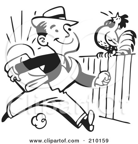 Royalty-Free (RF) Clipart Illustration of a Retro Black And White Businessman Passing A Rooster On A Fence by BestVector