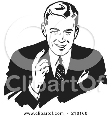 Royalty-Free (RF) Clipart Illustration of a Retro Black And White Businessman Gesturing And Talking by BestVector
