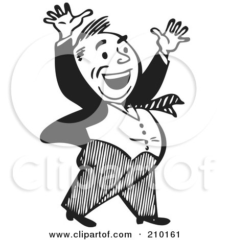 Royalty-Free (RF) Clipart Illustration of a Retro Black And White Businessman Celebrating by BestVector