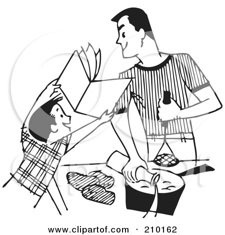 Royalty-Free (RF) Clipart Illustration of a Retro Black And White Boy Showing A Book To His Cooking Father by BestVector