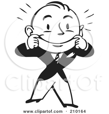 Royalty-Free (RF) Clipart Illustration of a Retro Black And White Businessman Stretching His Mouth Into A Smile by BestVector