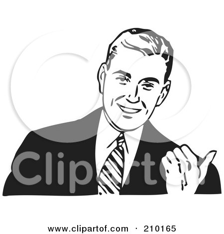 Royalty-Free (RF) Clipart Illustration of a Retro Black And White Businessman Gesturing With His Thumb by BestVector