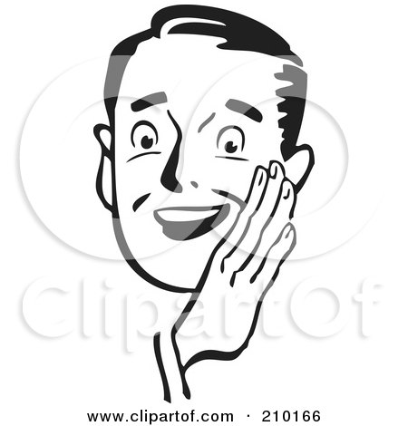 Royalty-Free (RF) Clipart Illustration of a Retro Black And White Man Holding His Hand Around His Mouth by BestVector