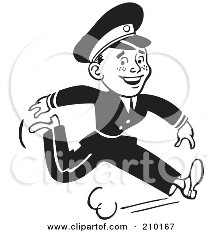 Royalty-Free (RF) Clipart Illustration of a Retro Black And White Cop Running by BestVector
