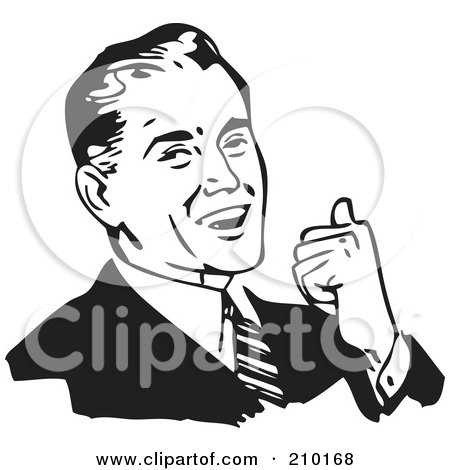 Royalty-Free (RF) Clipart Illustration of a Retro Black And White Businessman Smiling, Leaning Back And Gesturing With His Thumb by BestVector