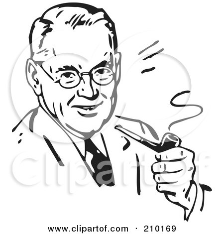 Royalty-Free (RF) Clipart Illustration of a Retro Black And White Man Smoking A Pipe by BestVector