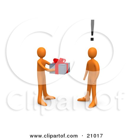 Clipart Illustration of a Giving Orange Person Handing A Present To A Surprised Person by 3poD