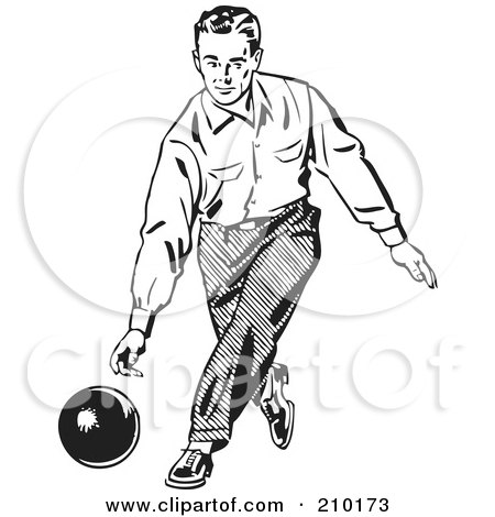 Royalty-Free (RF) Clipart Illustration of a Retro Black And White Man Bowling by BestVector
