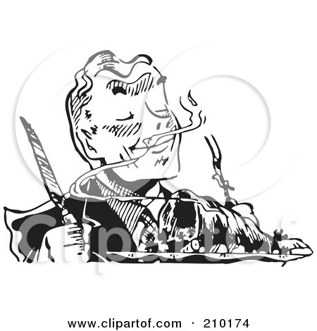 Royalty-Free (RF) Clipart Illustration of a Retro Black And White Hungry Man Smelling A Roast by BestVector