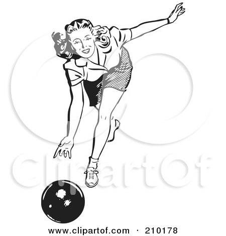 Royalty-Free (RF) Clipart Illustration of a Retro Black And White Woman Bowling by BestVector