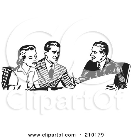 Royalty-Free (RF) Clipart Illustration of a Retro Black And White Businessman Discussing Plans With A Couple by BestVector