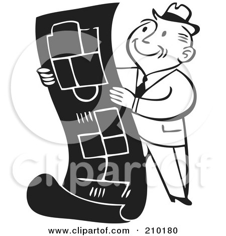 Royalty-Free (RF) Clipart Illustration of a Retro Black And White Businessman Reviewing Blueprints by BestVector