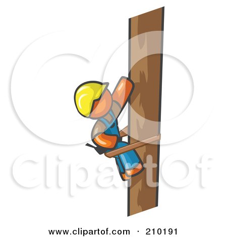Royalty-Free (RF) Clipart Illustration of an Orange Man Design Masccot Worker Climbing A Phone Pole by Leo Blanchette