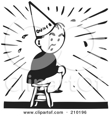 Royalty-Free (RF) Clipart Illustration of a Retro Black And White Businessman In The  Dunce Chair And Hat by BestVector