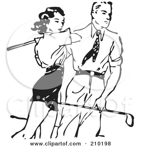 Royalty-Free (RF) Clipart Illustration of a Retro Black And White Man Teaching A Woman To Golf by BestVector