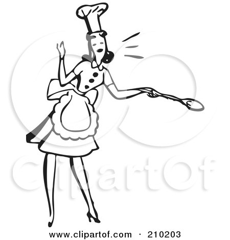 Royalty-Free (RF) Clipart Illustration of a Retro Black And White Woman In An Apron And Hat, Holding A Spoon by BestVector