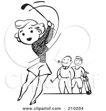 Royalty-Free (RF) Clipart Illustration of a Retro Black And White Woman Golfing by BestVector