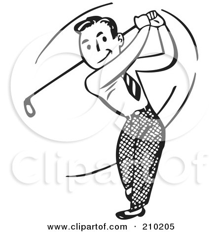 Royalty-Free (RF) Clipart Illustration of a Retro Black And White Man Swinging A Golf Club by BestVector