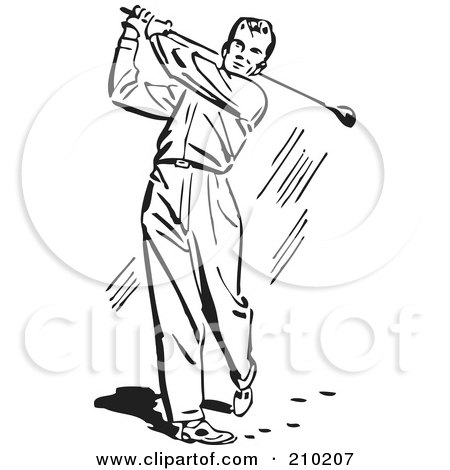 Royalty-Free (RF) Clipart Illustration of a Retro Black And White Man Golfing by BestVector