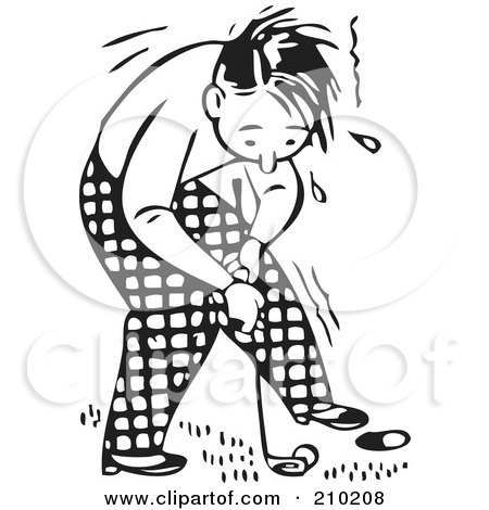 Royalty-Free (RF) Clipart Illustration of a Retro Black And White Man Sweating And Golfing by BestVector