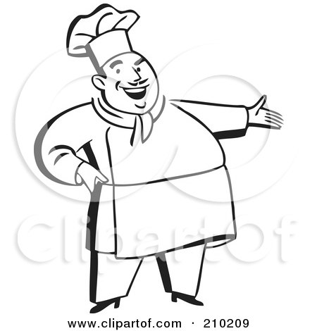 Royalty-Free (RF) Clipart Illustration of a Retro Black And White Chef Presenting by BestVector