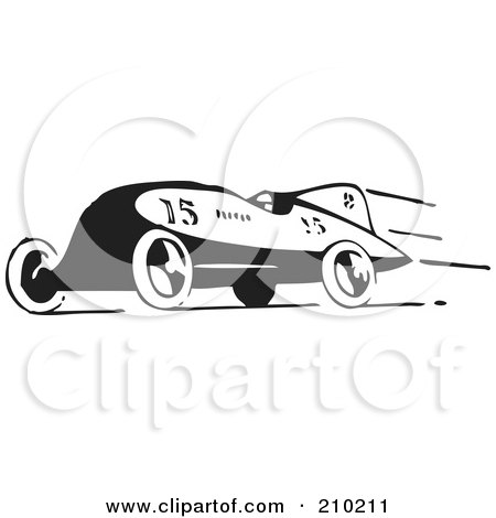 Royalty-Free (RF) Clipart Illustration of a Retro Black And White Race Car Speeding To The Left by BestVector