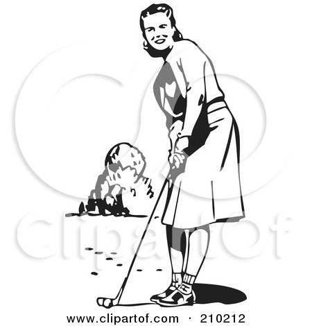 Royalty-Free (RF) Clipart Illustration of a Retro Black And White Lady Golfing by BestVector