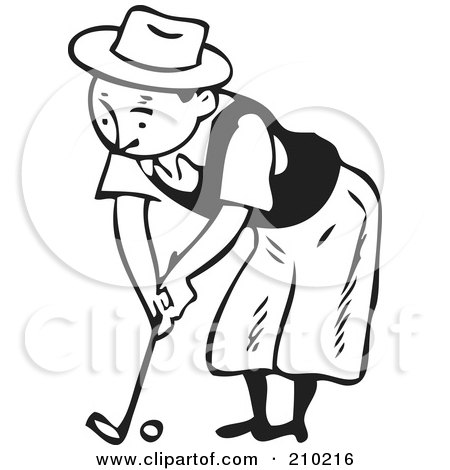 Royalty-Free (RF) Clipart Illustration of a Retro Black And White Man Bending Over While Golfing by BestVector