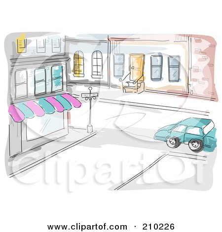 Royalty-Free (RF) Clipart Illustration of a Watercolor And Sketched City Street And Store Scene by BNP Design Studio