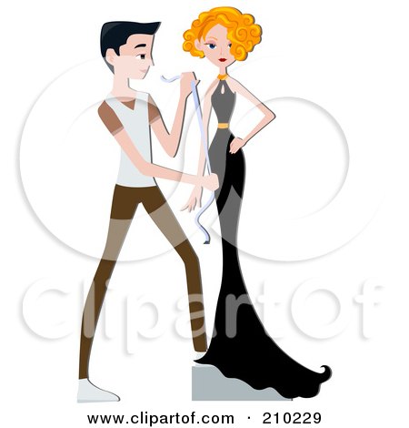 Royalty-Free (RF) Clipart Illustration of a Male Fashion Designer Measuring A Woman In A Black Dress by BNP Design Studio