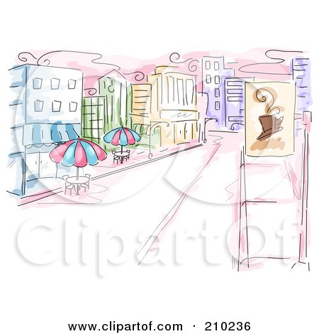 Royalty-Free (RF) Clipart Illustration of a Watercolor And Sketched Urban Sidewalk Cafe Scene by BNP Design Studio