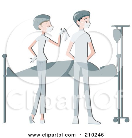 Royalty-Free (RF) Clipart Illustration of a Surgeon Couple Tending To A Patient by BNP Design Studio