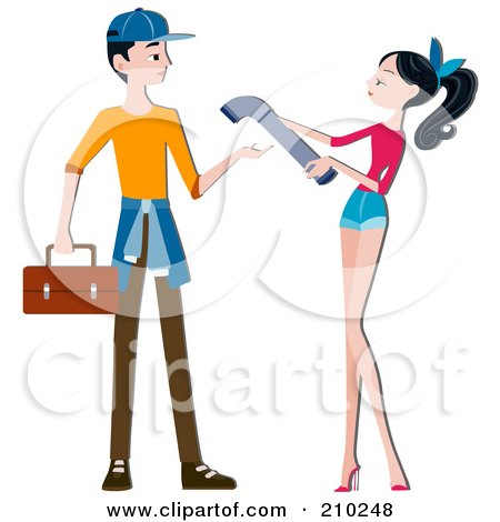 Royalty-Free (RF) Clipart Illustration of a Woman Handing A Pipe To A Plumber by BNP Design Studio