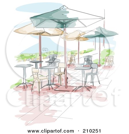 Royalty-Free (RF) Clipart Illustration of a Watercolor And Sketched Outdoor Cafe Scene by BNP Design Studio