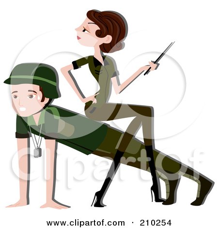 Royalty-Free (RF) Clipart Illustration of a Woman Sitting On A Man's Back While He Does Push Ups In Military Camp by BNP Design Studio