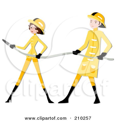Royalty-Free (RF) Clipart Illustration of a Fire Fighter Couple Holding A Hose by BNP Design Studio