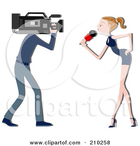 Royalty-Free (RF) Clipart Illustration of a Camera Man Zooming In On A Remale Reporter by BNP Design Studio