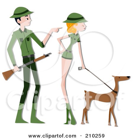 Royalty-Free (RF) Clipart Illustration of a Safari Ranger Couple With A Dog by BNP Design Studio