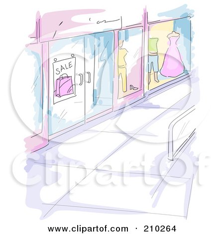 Royalty-Free (RF) Clipart Illustration of a Watercolor And Sketched Mall Window Display Scene by BNP Design Studio
