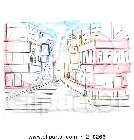 Royalty-Free (RF) Clipart Illustration of a Watercolor And Sketched Urban Street Scene by BNP Design Studio