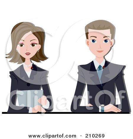 Royalty-Free (RF) Clipart Illustration of a News Anchor Couple Seated At A Desk by BNP Design Studio
