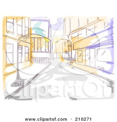 Royalty-Free (RF) Clipart Illustration of a Watercolor And Sketched City Street And Sidewalk Scene by BNP Design Studio